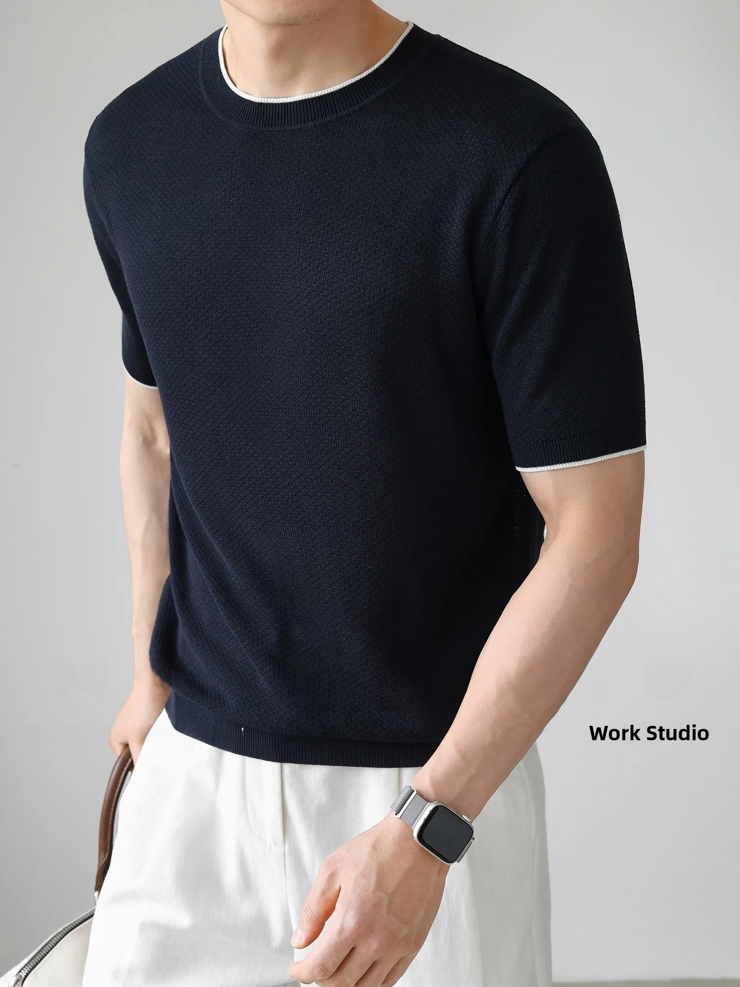 Laoqian Lyocell Linen Blend Honeycomb Texture Color Block Short Sleeve T-Shirt Men Summer Casual Commute Breathable Cool Feel...