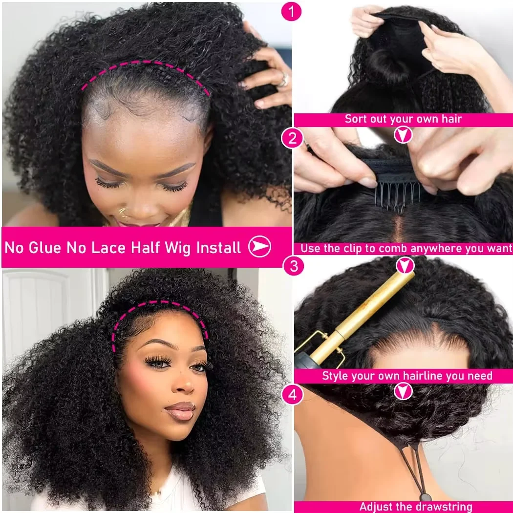 32 Inch 3 IN 1 Half Wig With Drawstring Seamless Human Hair Wig Kinky Curly Headband Wig Upgrade for Women Summer Machine Wigs