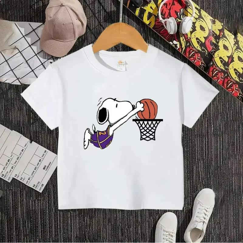 

Snoopy Slam Dunk, новинка лета 202, футболка из чистого хлопка с круглым вырезом для мальчиков и девочек, детский уличный топ с героями мультфильмов аниме