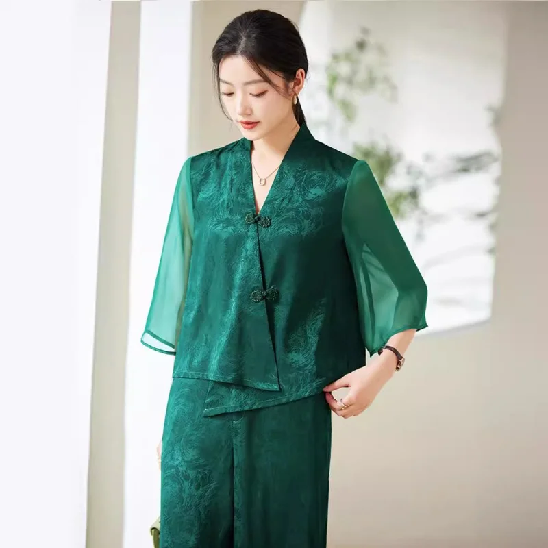 

2024New Chinese Style Suit Women's Spring Fashion Temperament Buckle Design SenseVCollar Wide Leg Pants Two-Piece Set