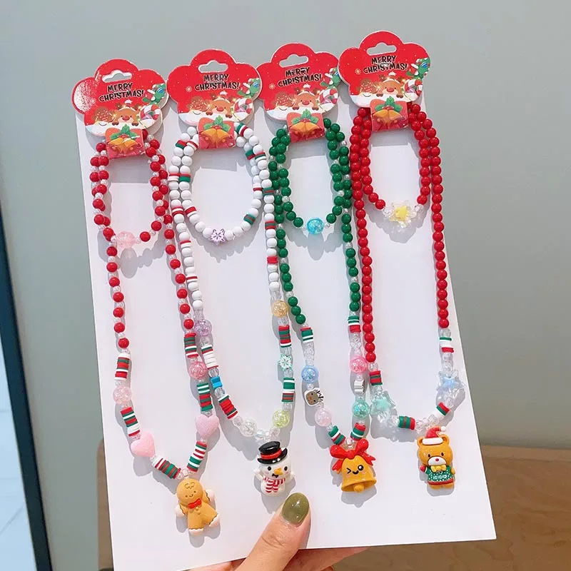Children Christmas Necklace Collection Handmade Beaded Santa Reindeer Cute Durable Lightweight Premium Party Gift