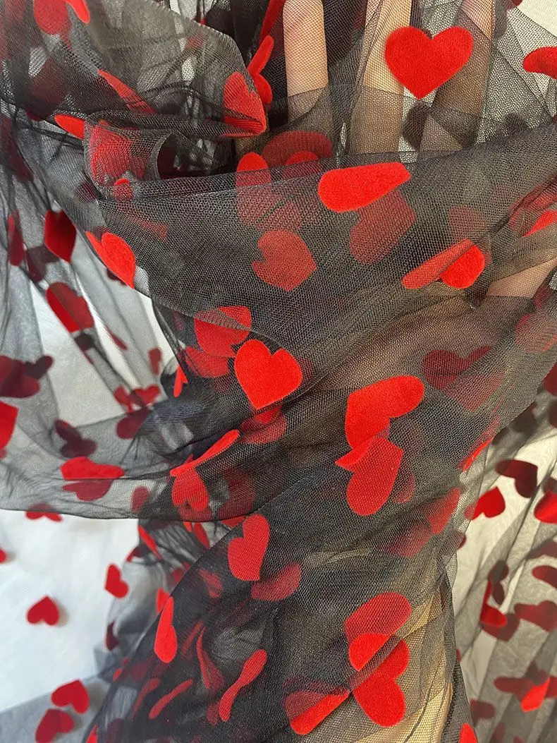 0.5y Black Red Flocking Heart Voile Net Fabric See Through Drape Fabric Tulle Mesh Craft Material For Curtains