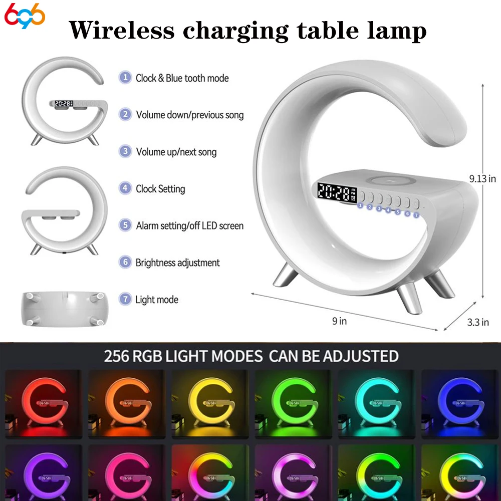 

LED App Control RGB Night Light Atmosphere Lamps Digital Alarm Clock Speaker Wireless Charger Children Sleep Bedroom Decoration