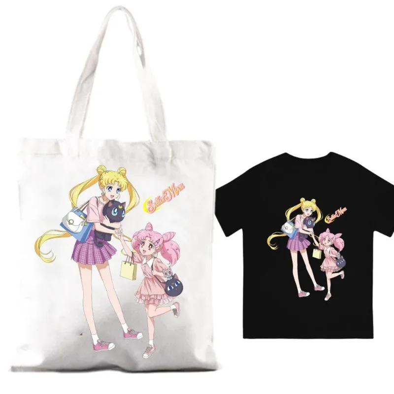 Bilibili S-Sailor Girl Cute M-Moon damskie torebki na ramię para kombinacja ubrań z krótkim rękawem z kołnierzem moda T shirt Man bawełna