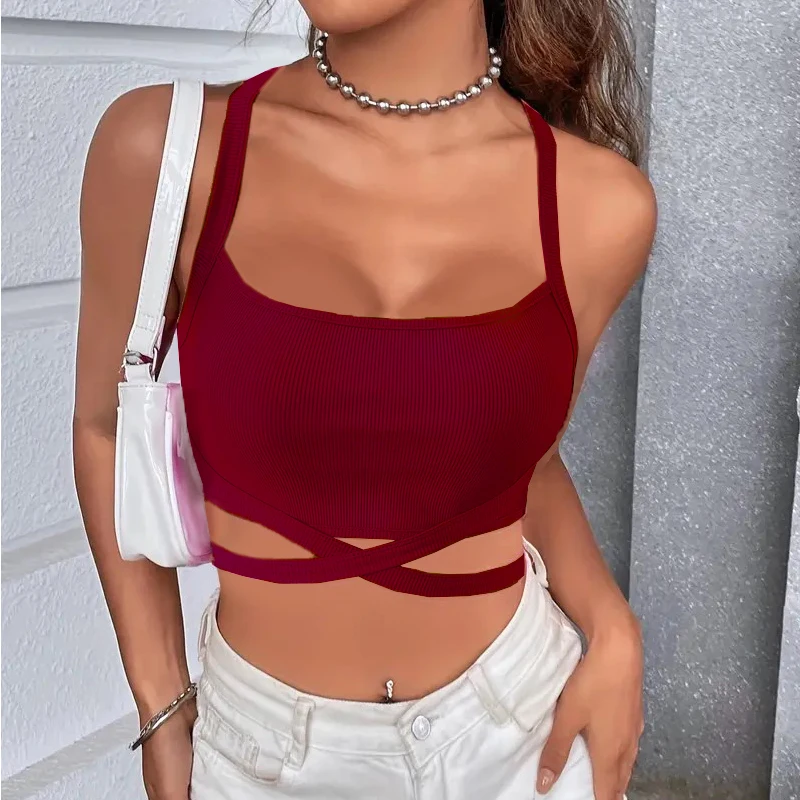 Y2k Women Summer Tank Tops Sexy Solid Color Backless Cross Bandage Crop Tops High Street Wear 2024 Fashion Wine Red Camis Corset