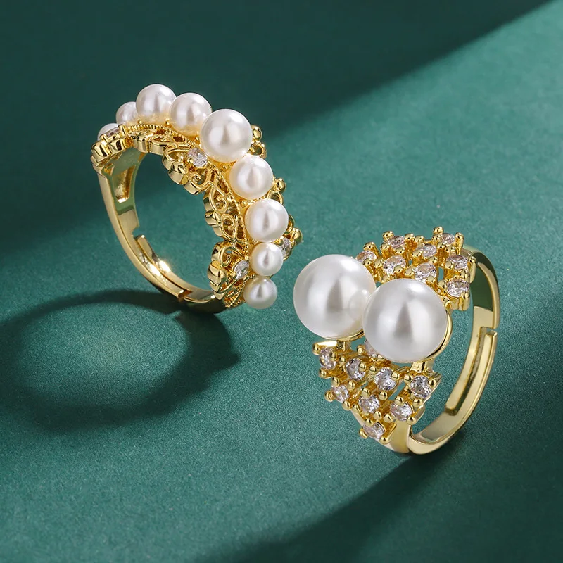 

Light Luxury Australian White Pearl Ring Jewelry Inlaid with Zircon Freshwater Pearl Gold Adjustable Women's Jewelry