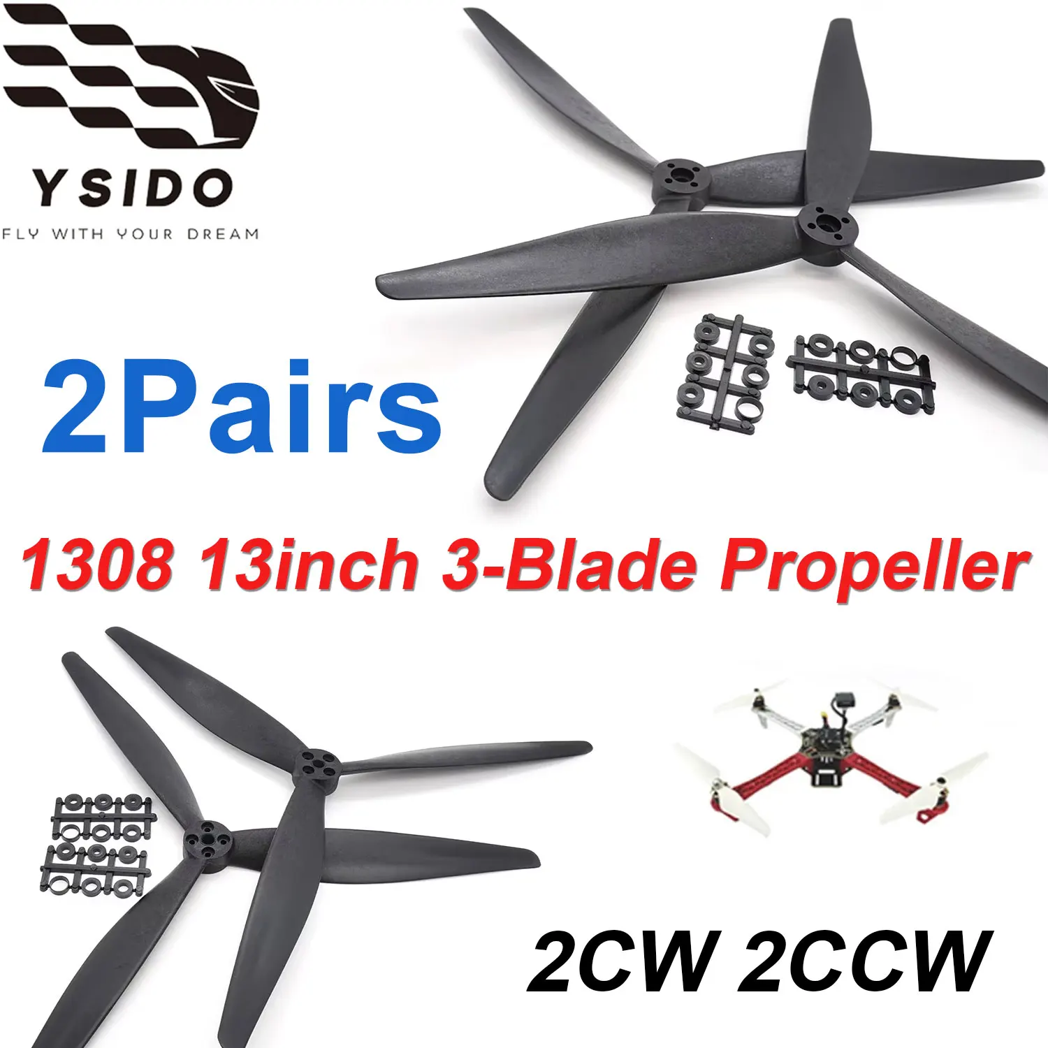 

2Pairs 13X8X3 1308 3-Blade Propeller 13in 2CW 2CCW Glass Fiber Nylon Propeller for X-Class FPV Drone MultiRotor DIY Accessories