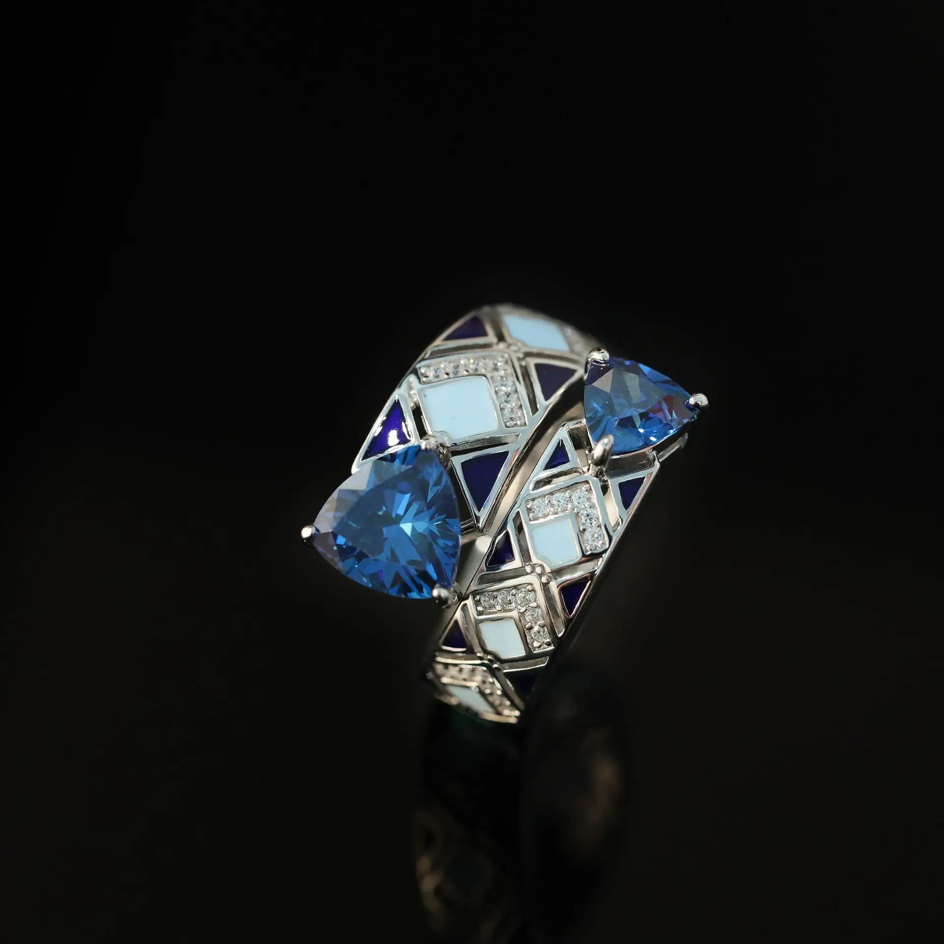 Luxury 925 Sterling Silver Gold-plated Ring With High Carbon Diamond Blue Enamel Burquoise Rings Fine Jewelry For Women