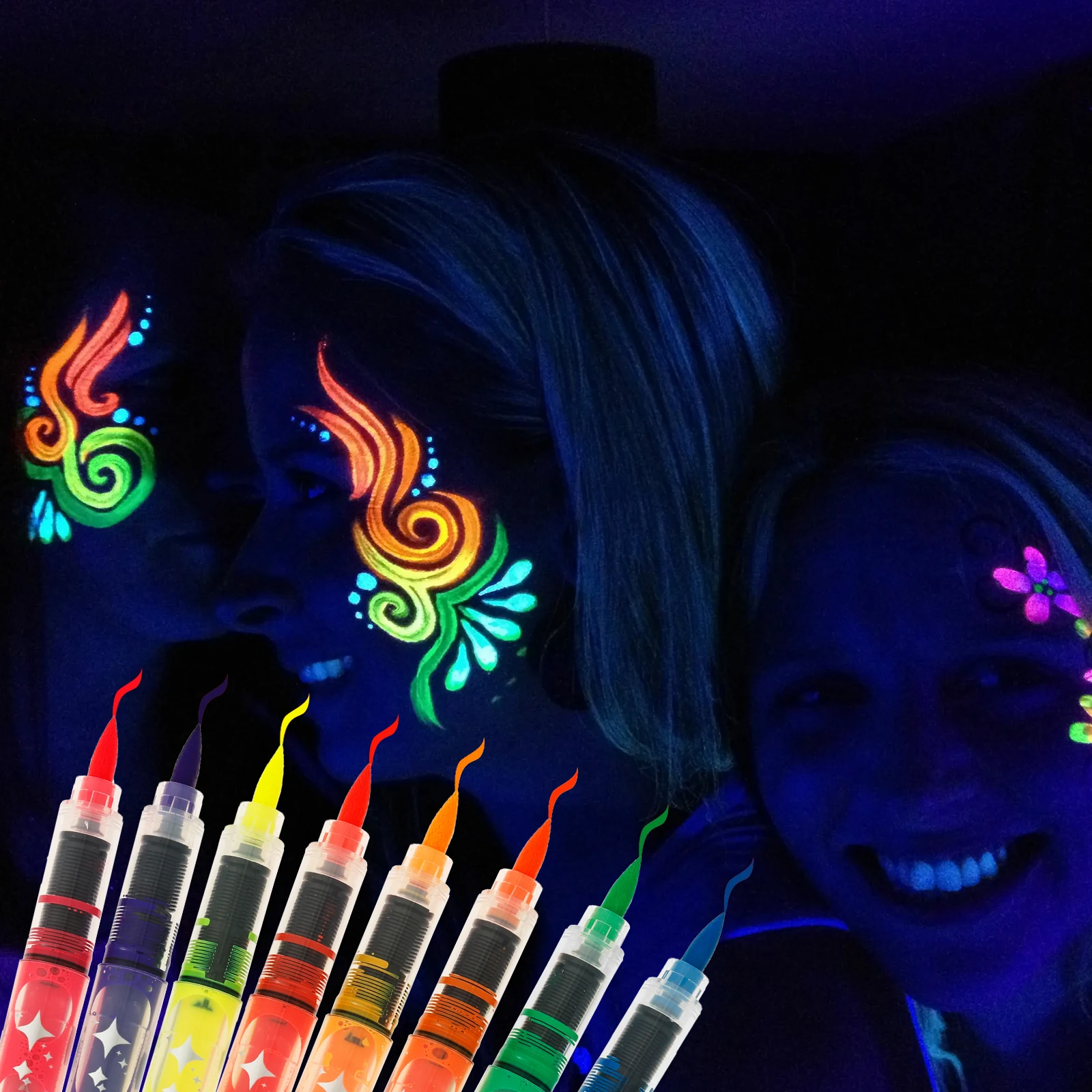 8-Piece UV Glow Face Paint Markers - Sweatproof & Washable Body Pens