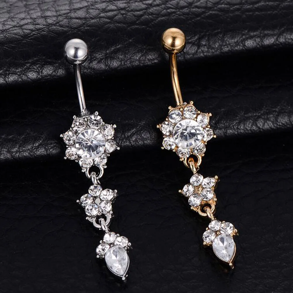 

2Pcs Water Belly Button Rings Dangle Flower Dangle Belly Button Ring Design Piercing Jewelry for Women Long Term Use