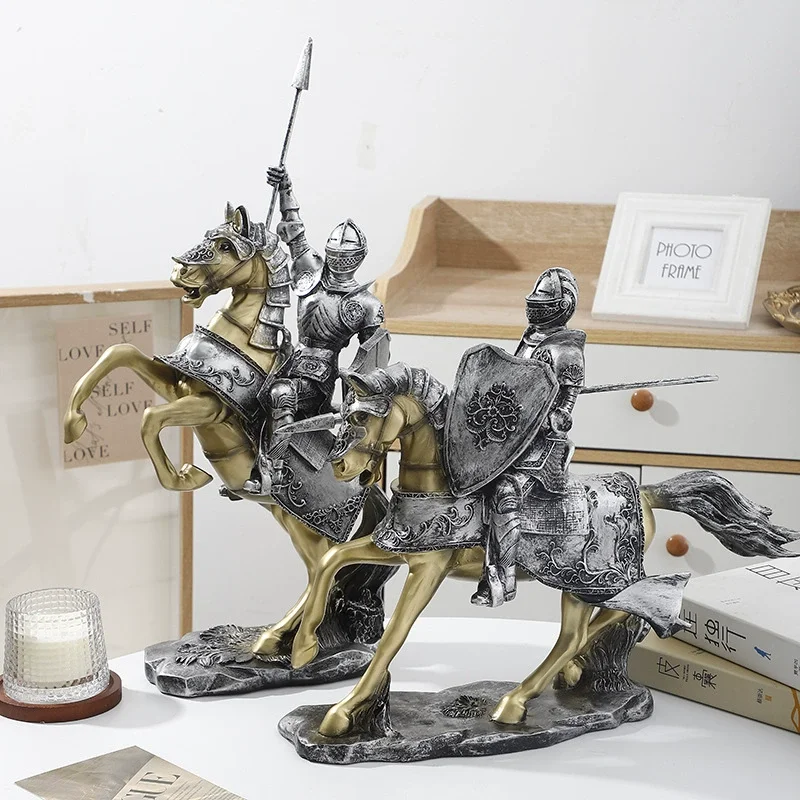 European Medieval Knight Sculpture Set - Armored Resin Horse Statue, Home Office Art Decor Collectible