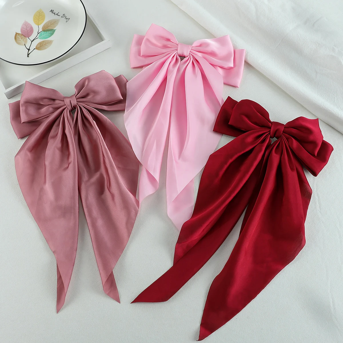 3PCS Ribbon Bow Hair Clips Women Fashion Simple Solid Satin Spring Clip Hairpin Retro Headband with Clips Girls Hair Accessories