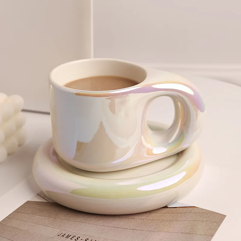 Ceramic Mug Pearl Color Gradient Dazzling Modern Simple Cute Couple Advanced Sense Drinking Water Coffee Home Use Cup Fat Cup