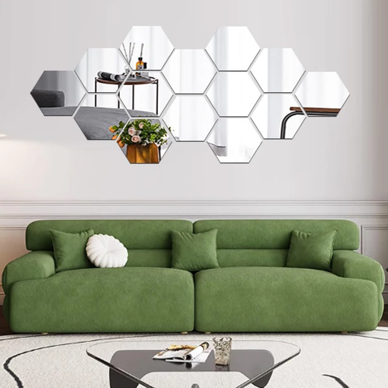12 piece Hexagonal Mirror Wall Sticker Acrylic DIY Self-adhesive Wall Sticker Living Room Entrance Hallway Staircase Mirror