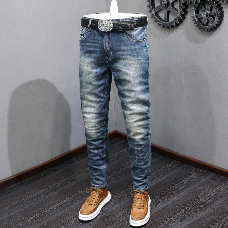 Italian Style Fashion Men Jeans High Quality Retro Blue Stretch Slim Fit Ripped Jeans Men Vintage Designer Denim Pants Hombre
