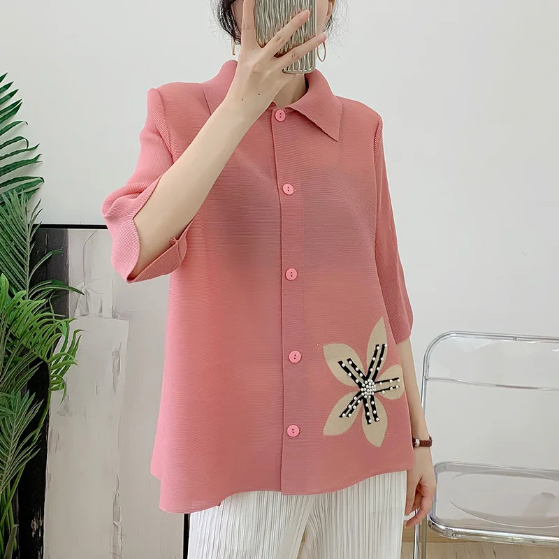 YUDX Miyake Pleated Jacket 2023 Summer New Seven-minute Sleeve Tops Female Loose Large Yards Covered Son Thin Sunscreen Shirt