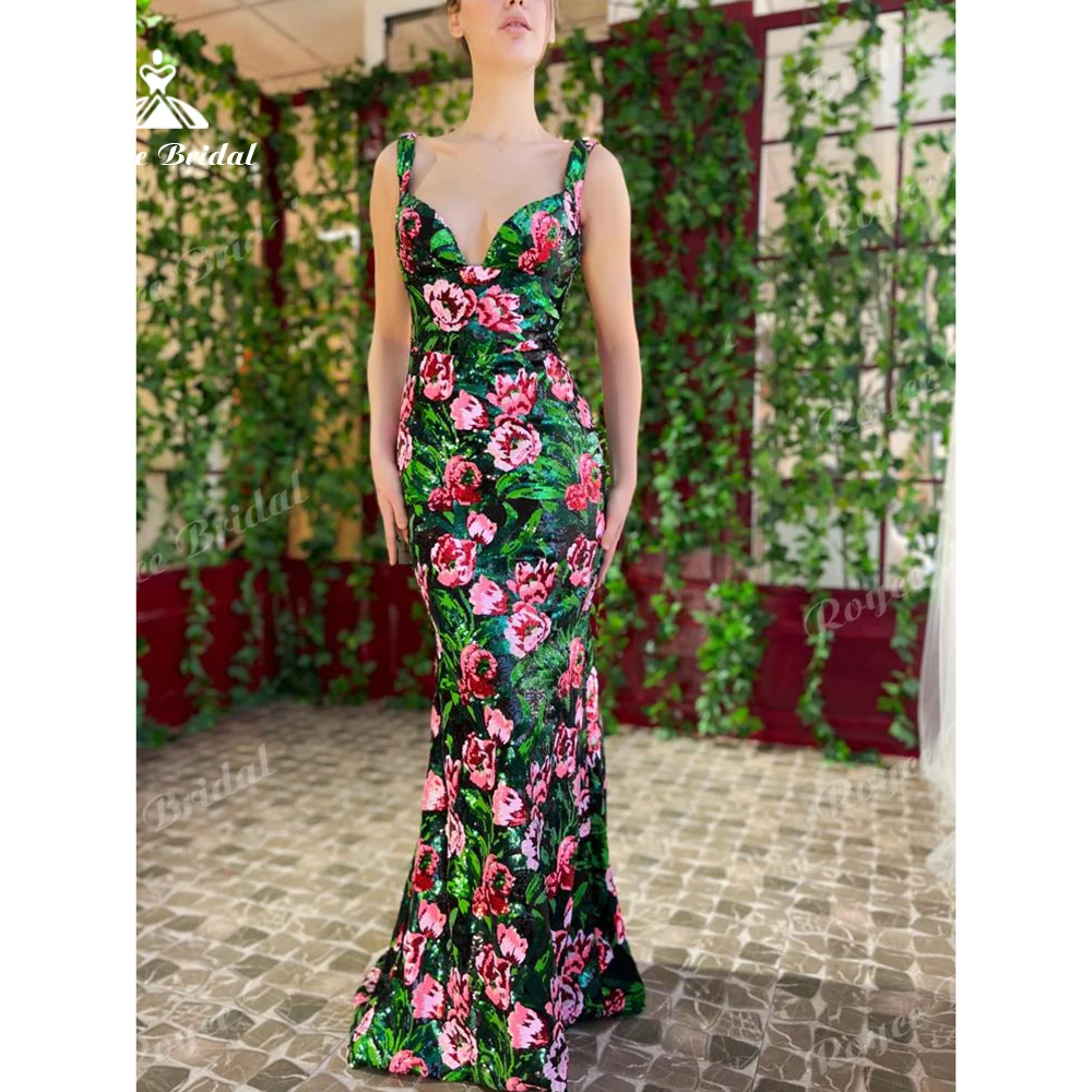 Colorful Floral Sequin Prom Dress Deep V Evening Dress Mermaid Women's formal evening gowns Cocktail Dress Customized