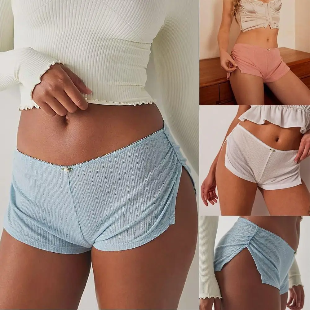 Nieuwe Effen Kleur Low Hight Split Shorts Ademende Casual Legging Skinny Splite Shorts Met Zachte Ruches