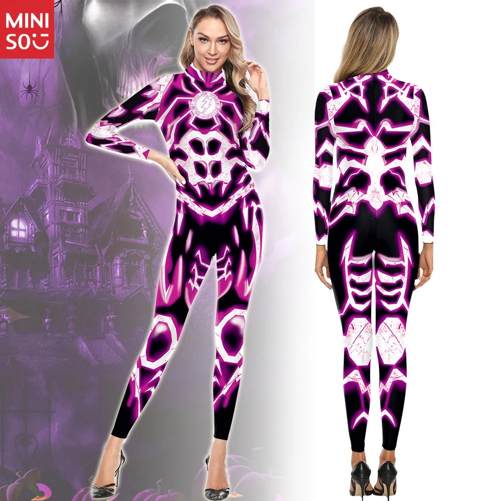 

Miniso Skeleton Skeleton Digital Printing European and American Women's Clothing Halloween Cos Costume Zipper Long Sleeve