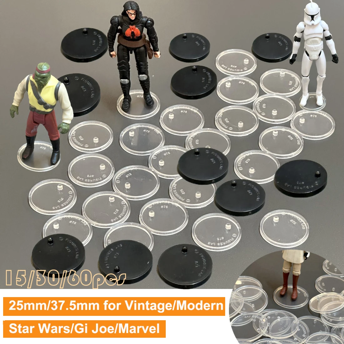 Lote de 15/30/60 Uds. Base de soporte para 3,75 Vintage/moderno GI JOE SW accesorios de figuras de acción claro/negro modelo redondo Base de exhibición de juguete