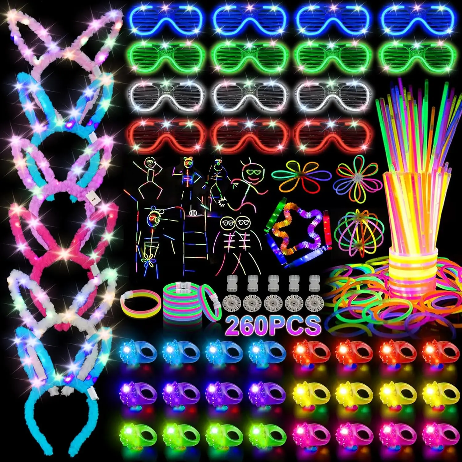 150PCS/set Glow Sticks Bulk Party Pack DIY Glow Glasses Headbands Necklaces for Party Decoration 100 Sticks 50 LED Light Up Toys