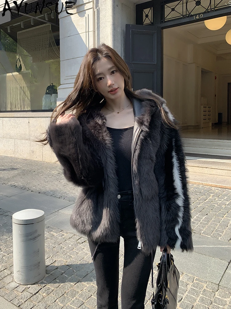 AYUNSUE, новинка 2025, дубленка, женские куртки средней длины с капюшоном из 100% натуральной шерсти для женской одежды, роскошные Ropa Para Mujer