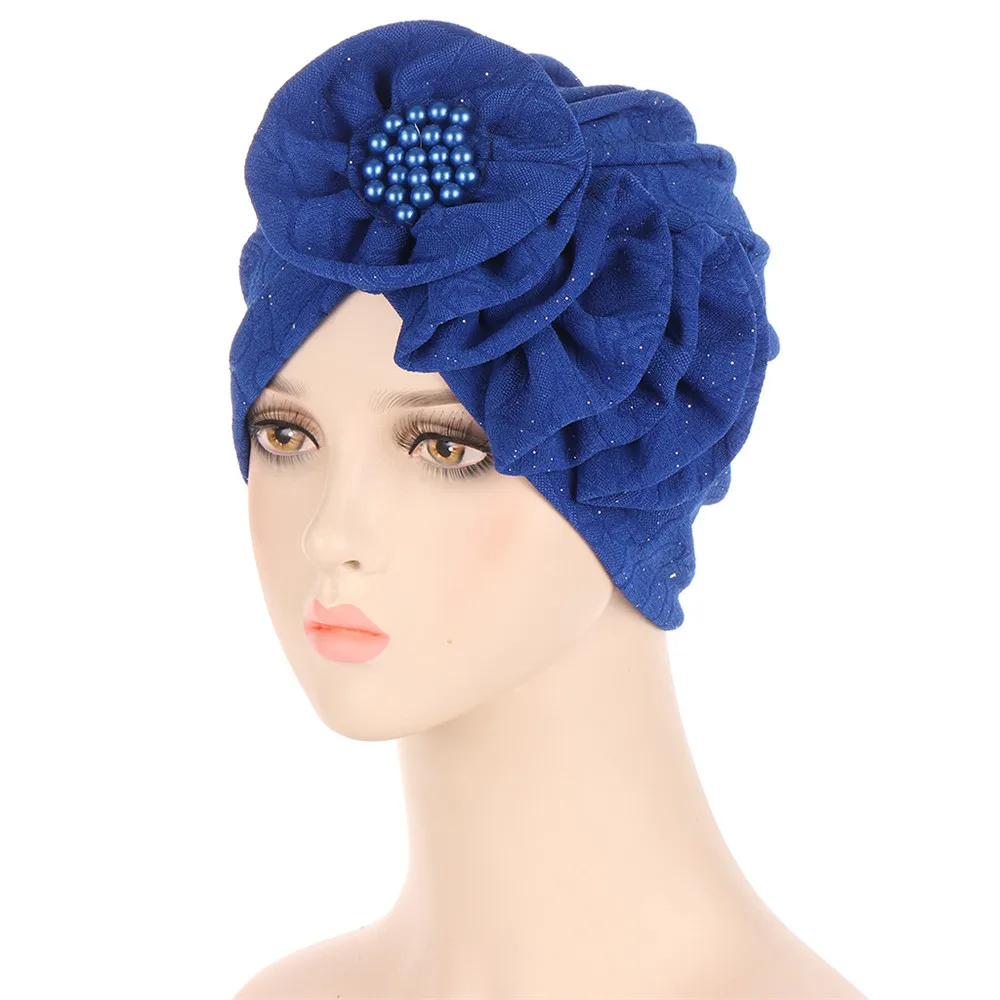 Women Flower Beads Turban African Headties Muslim Hijab Pleated Beanies Bonnet Hair Loss Head Cover Scarf Wrap Pearls Chemo Cap