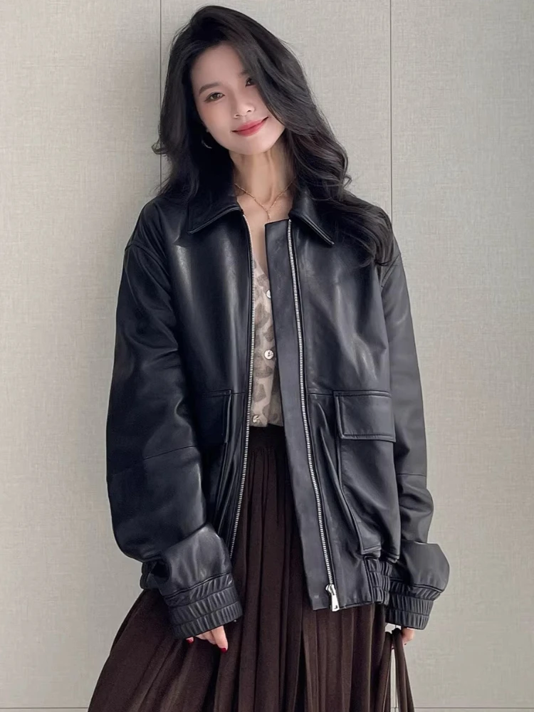 

Vintage Genuine Leather Cargo Jackets for Women Spring Autumn High-end Simple Loose Casual Soft Black Real Sheepskin Coat