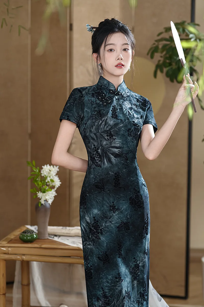

Длинное платье Cheongsam большого размера 3XL, женское сексуальное вечернее платье с цветочным принтом, Vestidso, элегантное винтажное платье Ципао без рукавов с разрезом