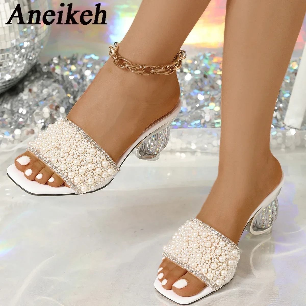 Aneikeh White Pearl Shiny Sandals Slippers Women Transparent Thick Bottom Party Dress Mules High Heels 2026 Summer Heeled Beach image 4