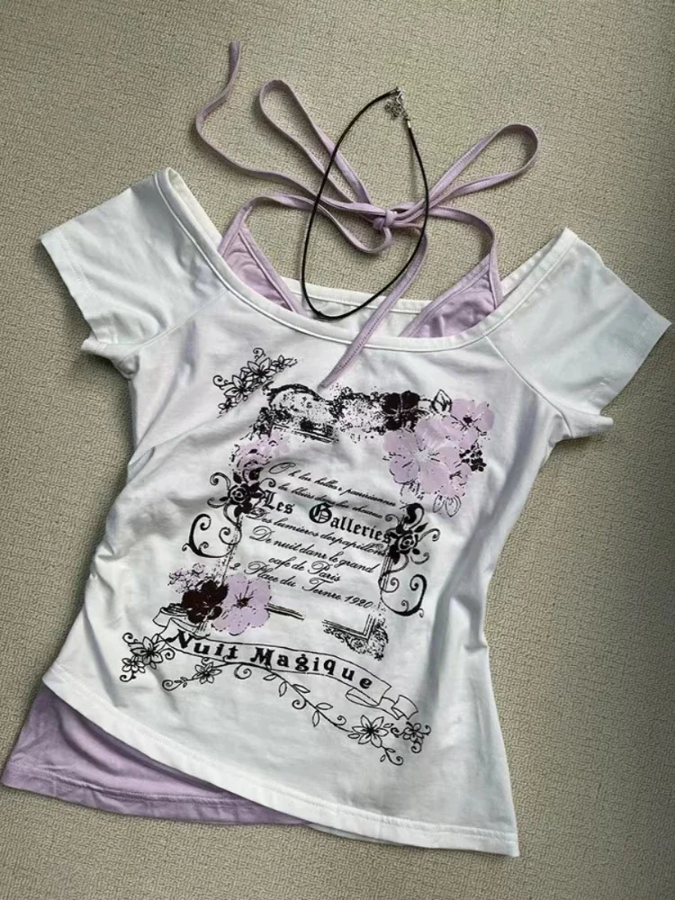 여름 레트로 퍼플 홀터 가짜 투피스 프린트 티셔츠 여성 Y2K streetwear 핫 소녀 슬림 피트 하라주쿠 패션 캐주얼 탑 New