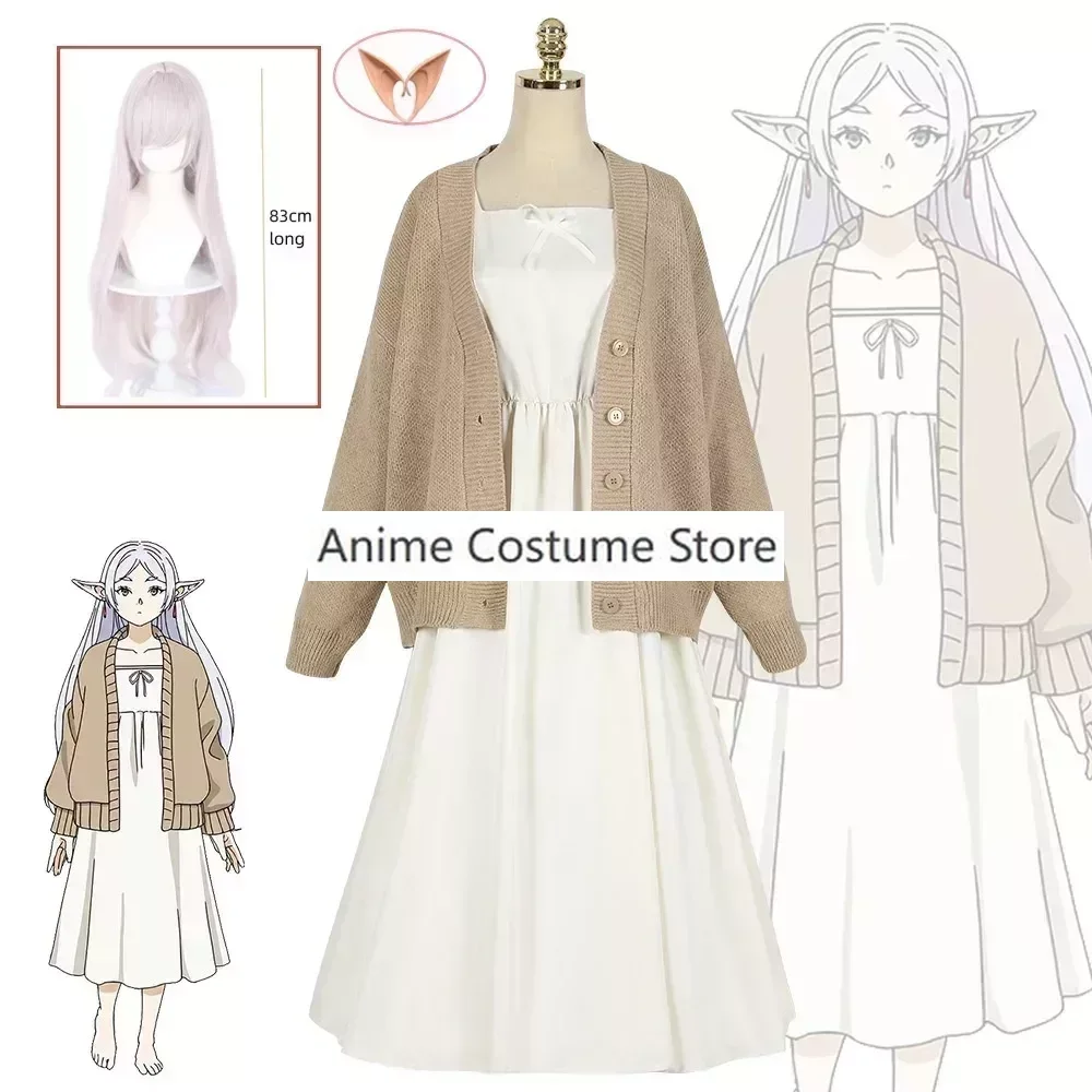 Frieren At The Funeral Anime Frieren Cosplay Costume Halloween Christmas Gift Fancy Long Dress and Knitwear Sweater Wig Set