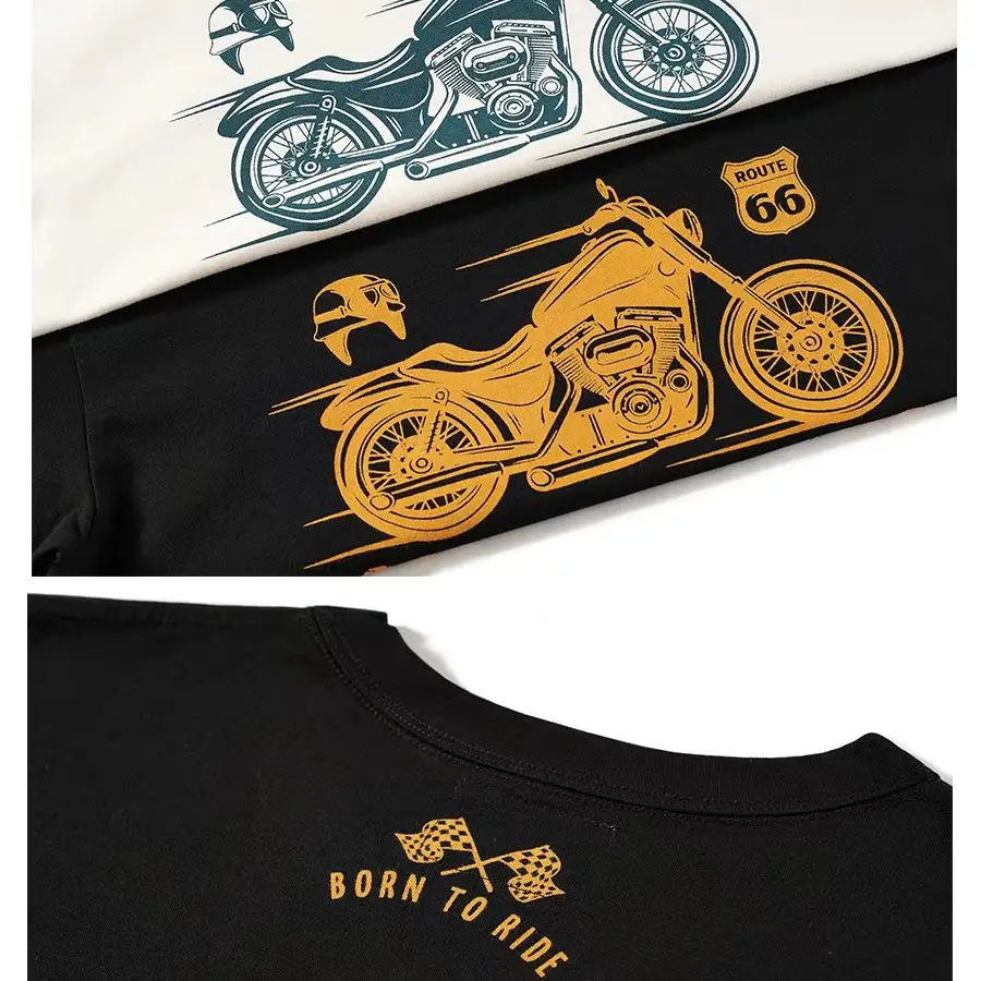 American Retro Motorcycle Print T-Shirt Round Neck Pure Cotton Ami Khaki Motorcycle Style