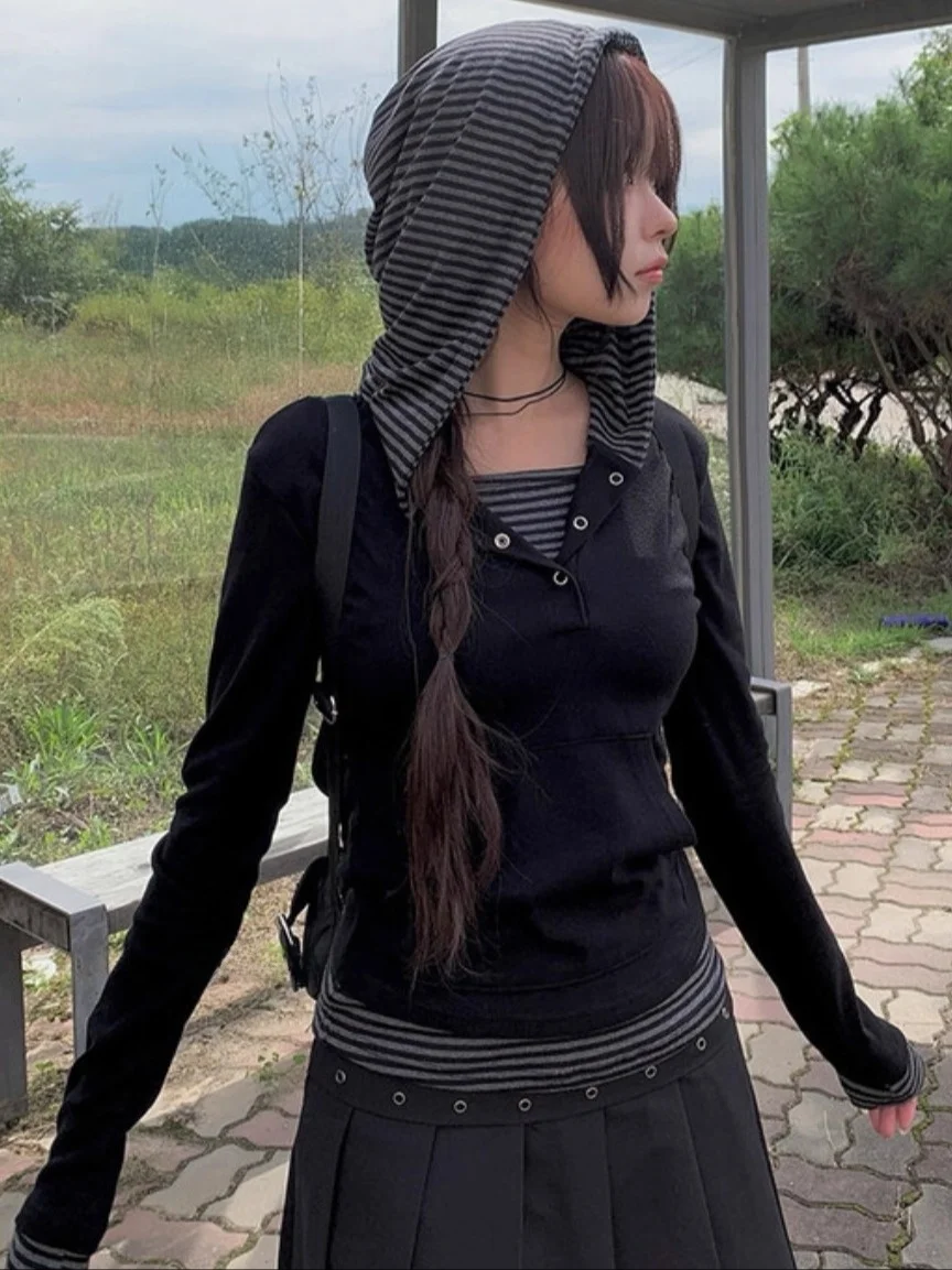 Unique SEI Korean Sle Long Sve Hooded Striped Patchwork Button Women's T-irt Casual Skirt Pants Autumn Winter Faion