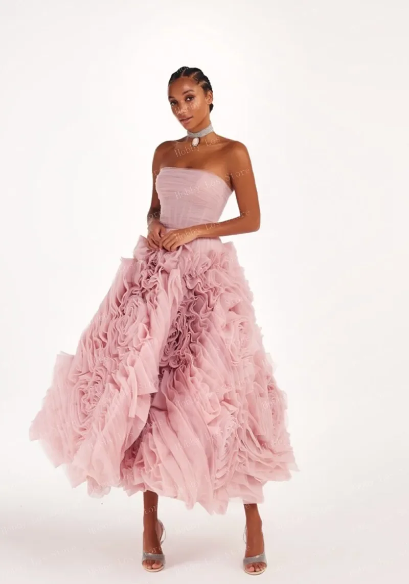 ملابس نسائية أنيقة باللون الوردي الفاتح بطول متوسط الطول بدون حمالات من التول مصنوعة حسب الطلب فستان زهري من أي وقت مضى جميل مفتوح من الخلف Pr #5