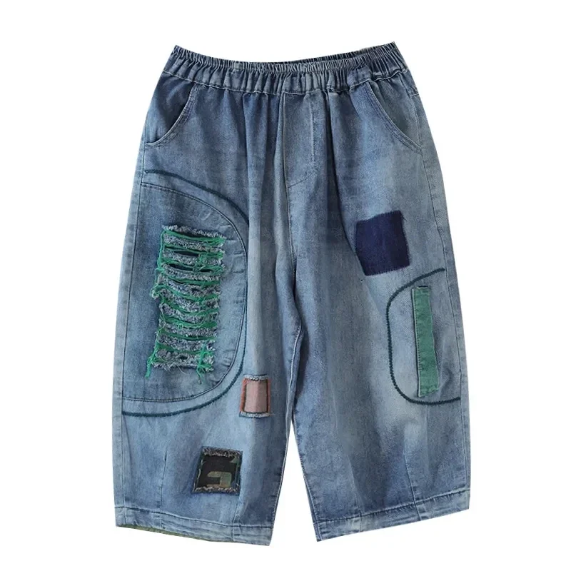 Letnie damskie szorty jeansowe z wysokim stanem, artystyczne, codzienne, luźne, cienkie, z przekłuciami, łączone, patchworkowe, z pięcioma rozcięciami, model JJ244