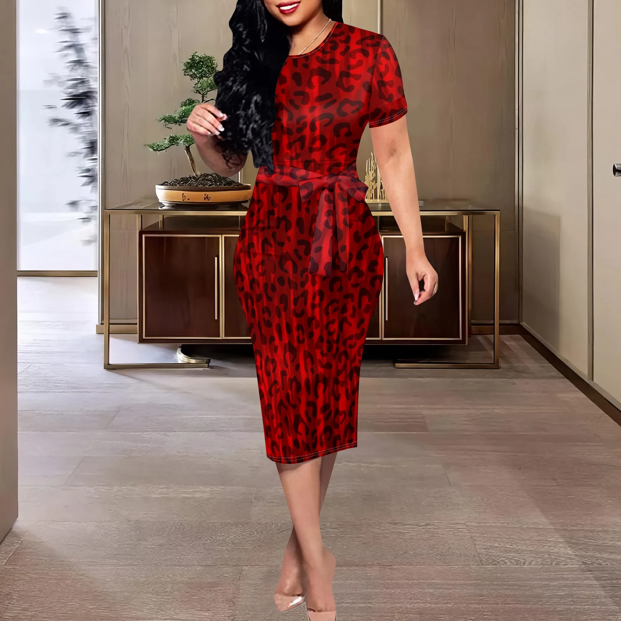 

Red Leopard Print Midi Dress XS-3XL Short Sleeve Belted Bodycon Style for Date Night, Clubwear or Valentine's Look