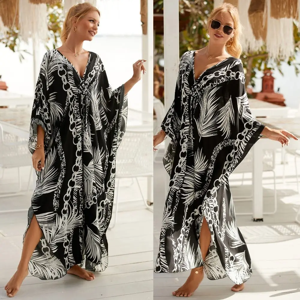 Casual Boho Bikini Cover-ups Leaves Print Oversized Loose Maxi Dress Open Front Beach Cardigan For Women