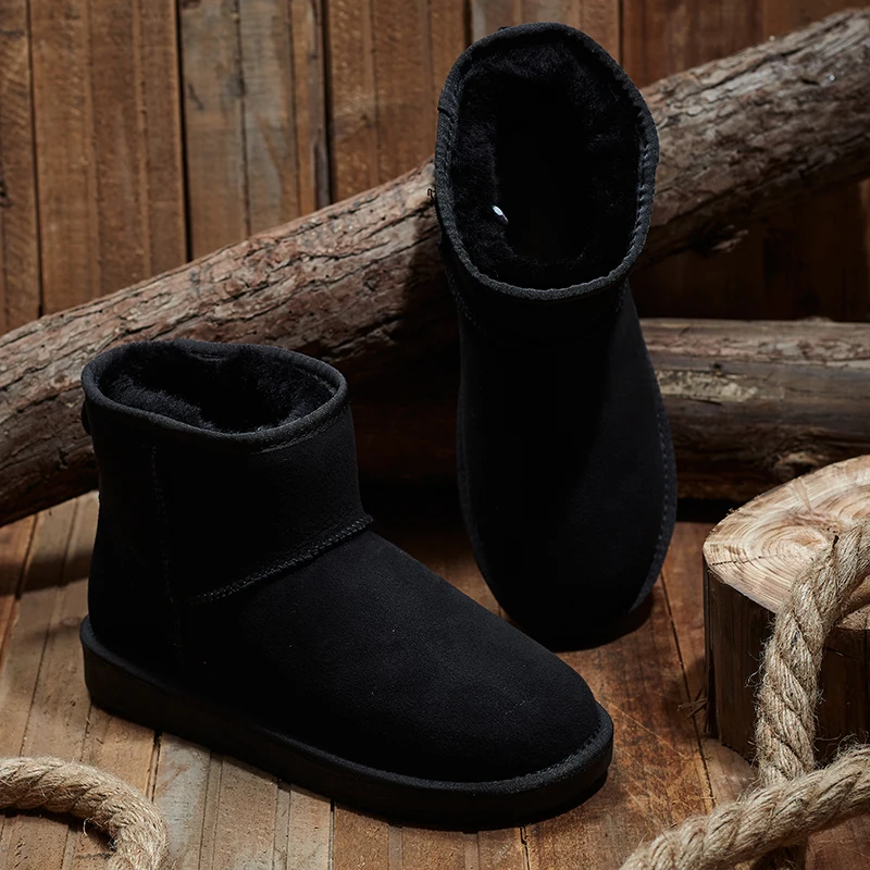KZZO Size 37-48 Australia Classic Real Sheepskin Suede Leather Men Sheep Wool Fur Lined Winter Short Ankle Snow Boots Grey Shoes