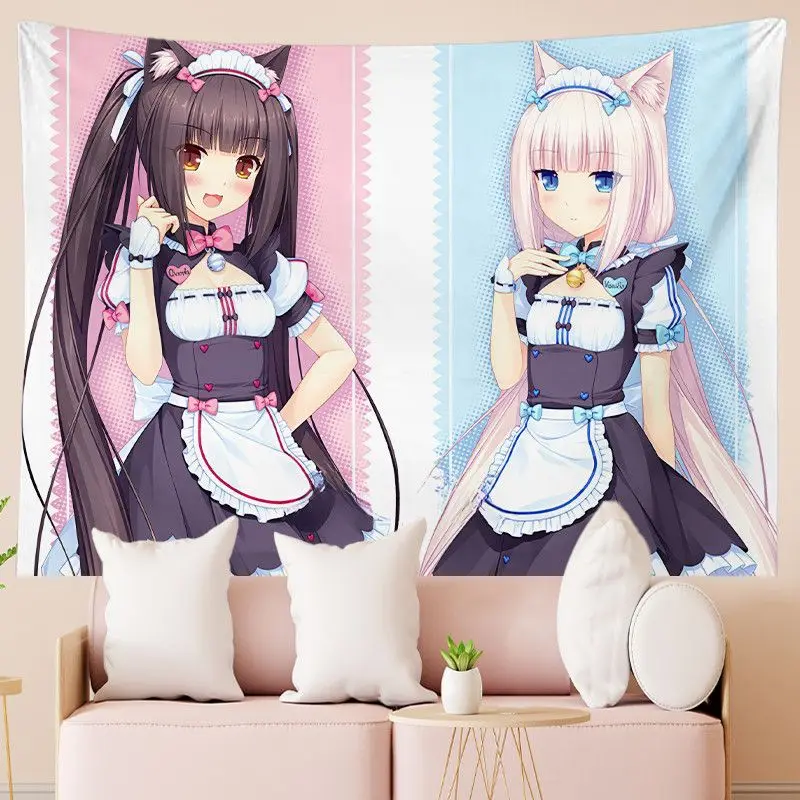 Nekopara Chocola & Vanilla Anime Tapestry, Cute Catgirl Wall Hanging Cloth, Background Banner for Student Dorm Bedhead, Bedroom