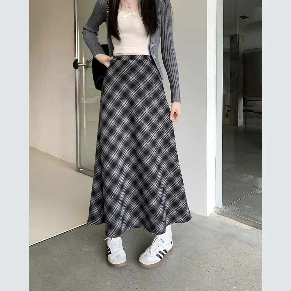 Vintage Plaid Long Skirt Women Korean Fashion Elastic High Waist  A-line Skirt Female Preppy Style Slim Fit Streetwear Faldas