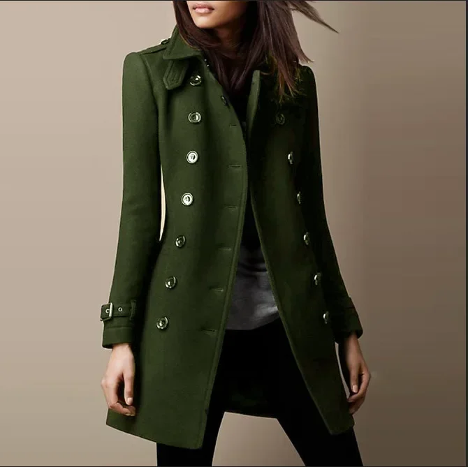 Dames Herfst Winter Mode Casual Jas Lange Mouw Trench Dubbele Rij Knopen Jas Warme Outwear