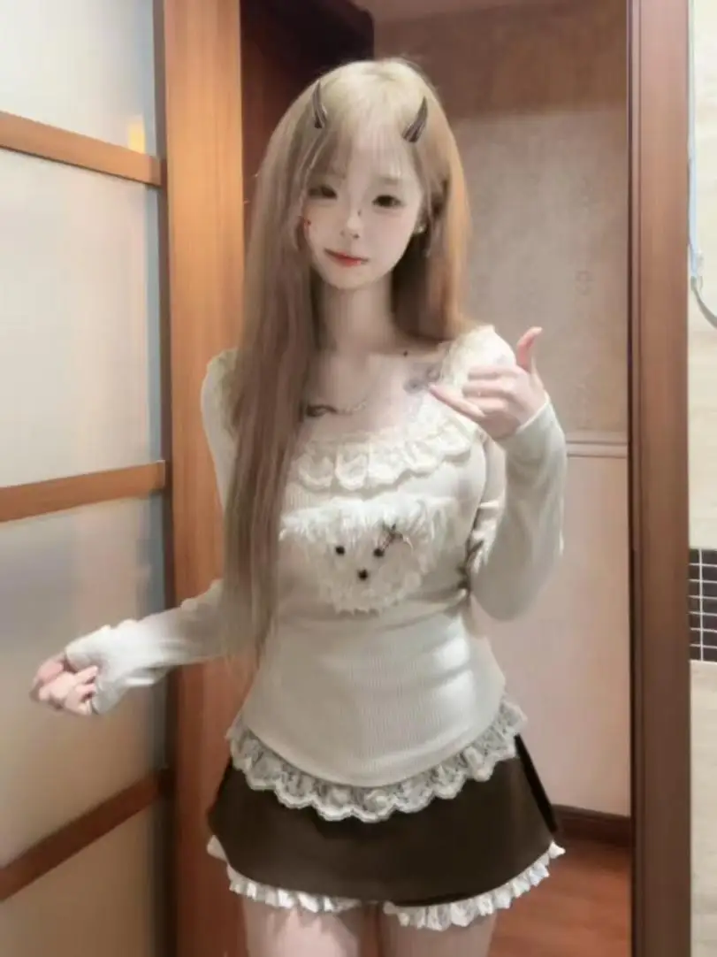 Sweet Sle ニットドッグプリントレーススプライスレディース T-irt 秋冬ソフト Sle 超美しいトップ韓国版スリムフィット
