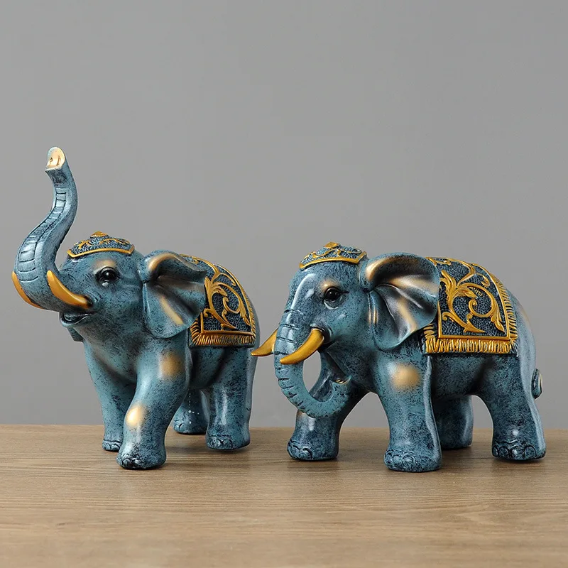 Couple Elephant Resin Ornament Auspicious Elephant Sculpture for Living Room Entrance Wine Cabinet Home Decor Housewarming Gift