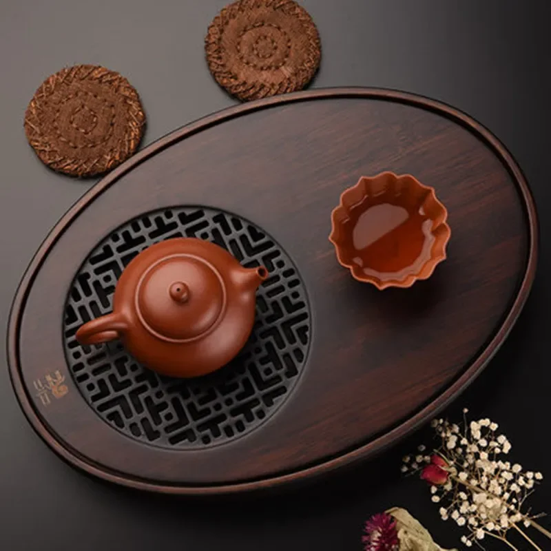 

Bamboo Tea Tray Water Storage Oval Borad Kung Fu Set Table Retro Window Grille Design Large-capacity
