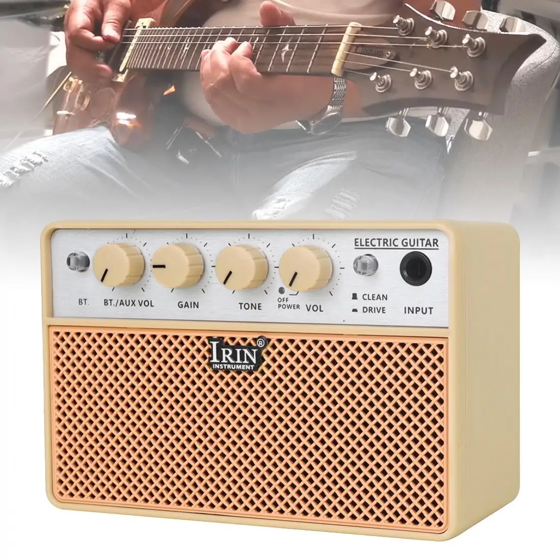 10W Rechargeable Mini Guitars Bass Amp with Clean and Drive Channels, Beige Portable Amplifier