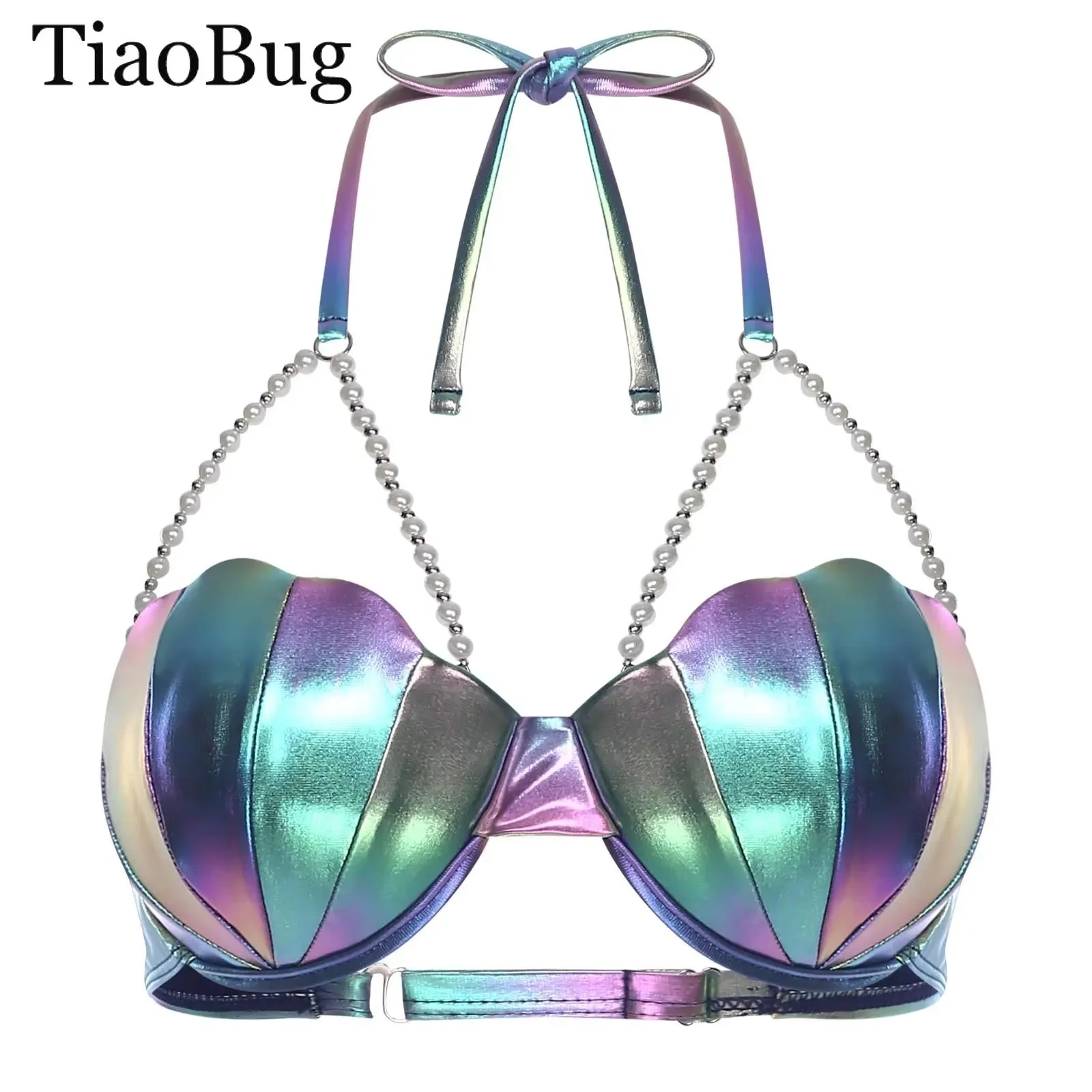 

Womens Glitter Bikini Bra Halter Neck Sheel Mermaid Swimwear Bead Chains Padded Bra Swim Top for Hawaii Beach Party Bathing Suit