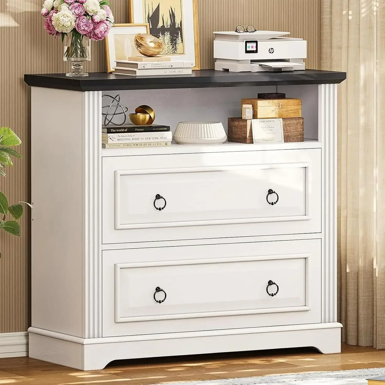 2 Drawer File Cabinet, Farmhouse Filing Cabinet for Home Office Fits Letter, Legal, A4 Size, Wood Lateral File Cabinet with Prin