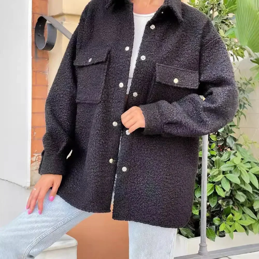 Осенне-зимняя однобортная утолщенная однотонная рубашка с лацканами, женская шерстяная свободная куртка, шерстяная женская шерстяная куртка