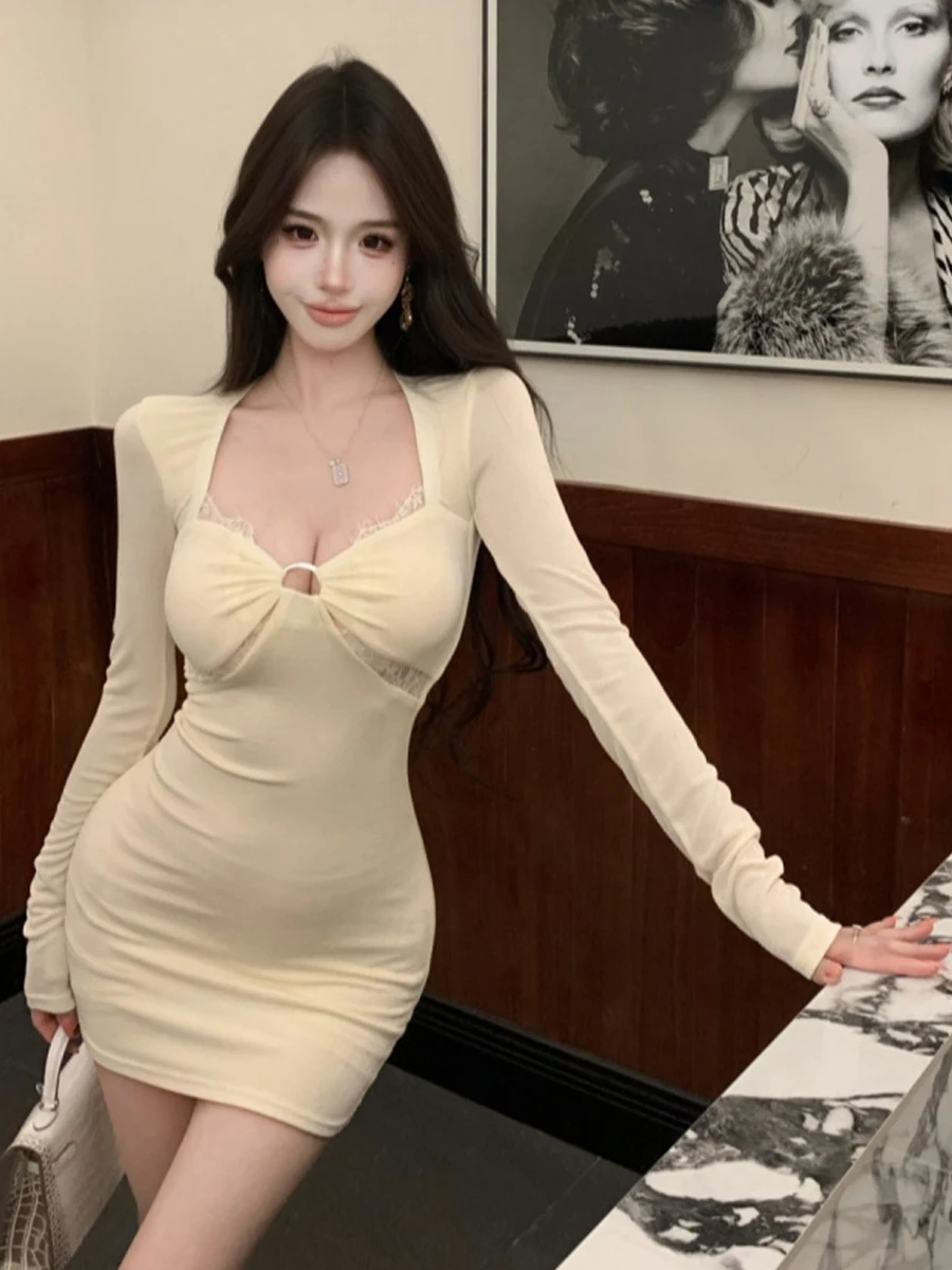 

Pure Desire Sexy Lace Trim Fit Base Dr Square Collar Low Chest Wrap around ort Skirt Long Sve Women's Faion Dr